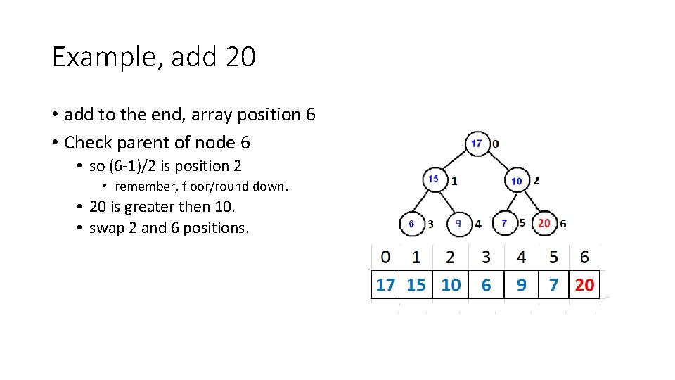Example, add 20 • add to the end, array position 6 • Check parent