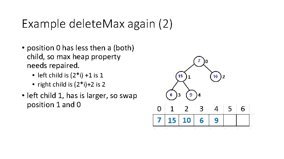 Example delete. Max again (2) • position 0 has less then a (both) child,