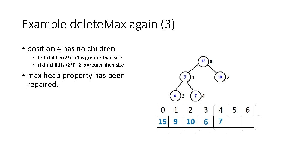 Example delete. Max again (3) • position 4 has no children • left child