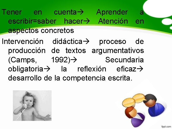 Tener en cuenta Aprender a escribir=saber hacer Atención en aspectos concretos Intervención didáctica proceso