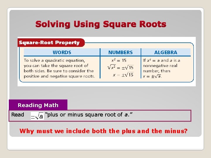 Solving Using Square Roots Reading Math Read as “plus or minus square root of