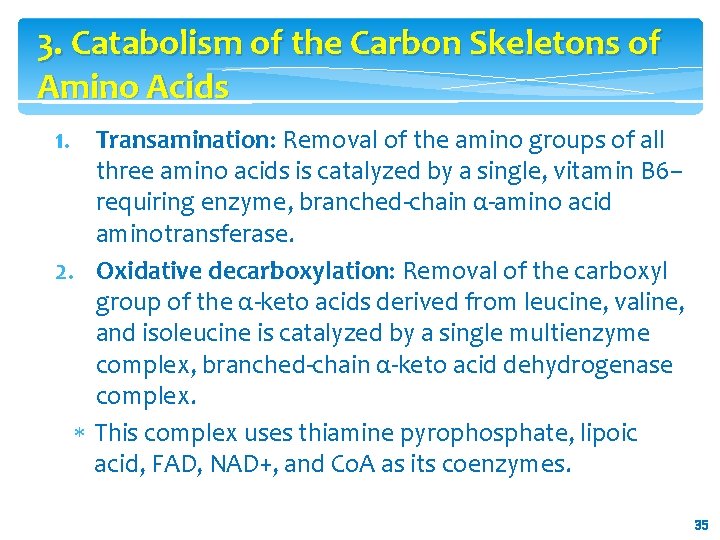 3. Catabolism of the Carbon Skeletons of Amino Acids 1. Transamination: Removal of the