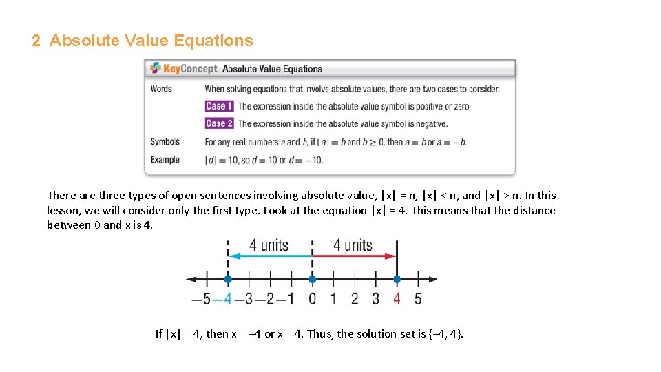 2 Absolute Value Equations There are three types of open sentences involving absolute value,