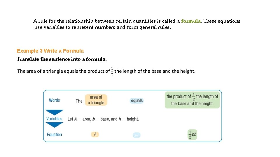 A rule for the relationship between certain quantities is called a formula. These equations
