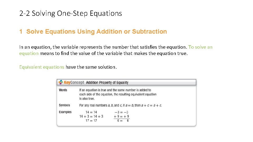 2 -2 Solving One-Step Equations 1 Solve Equations Using Addition or Subtraction In an
