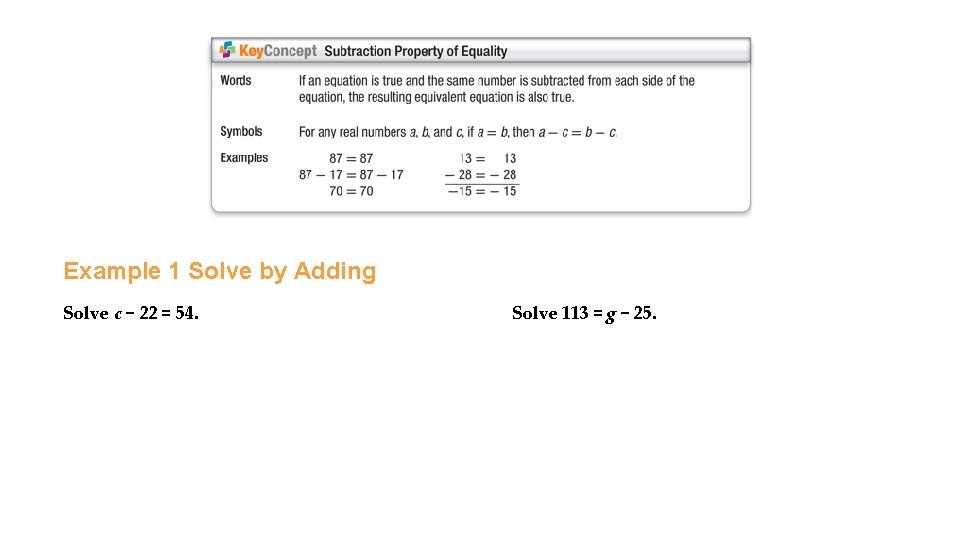 Example 1 Solve by Adding Solve c − 22 = 54. Solve 113 =