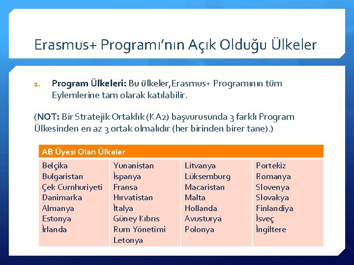 Erasmus+ Programı’nın Açık Olduğu Ülkeler 1. Program Ülkeleri: Bu ülkeler, Erasmus+ Programının tüm Eylemlerine