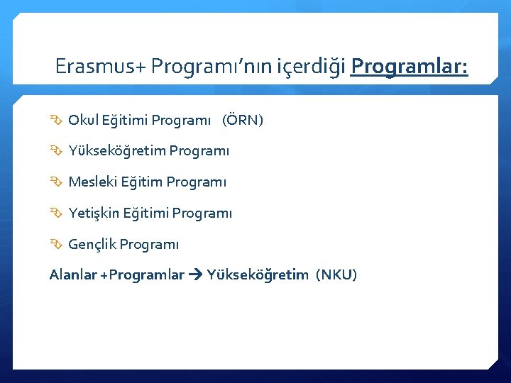 Erasmus+ Programı’nın içerdiği Programlar: Okul Eğitimi Programı (ÖRN) Yükseköğretim Programı Mesleki Eğitim Programı Yetişkin