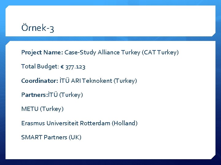 Örnek-3 Project Name: Case-Study Alliance Turkey (CAT Turkey) Total Budget: € 377. 123 Coordinator: