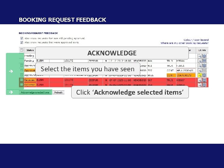BOOKING REQUEST FEEDBACK ACKNOWLEDGE Select the items you have seen Click ‘Acknowledge selected items’