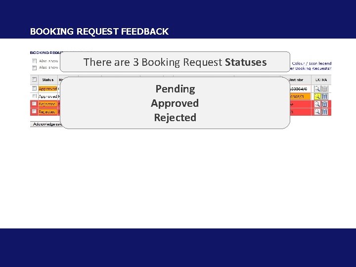 BOOKING REQUEST FEEDBACK There are 3 Booking Request Statuses Pending Approved Rejected 