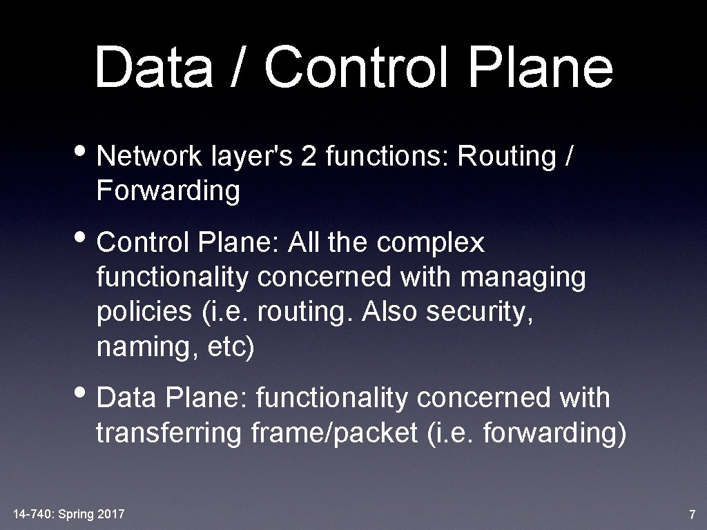 Data / Control Plane • Network layer's 2 functions: Routing / Forwarding • Control