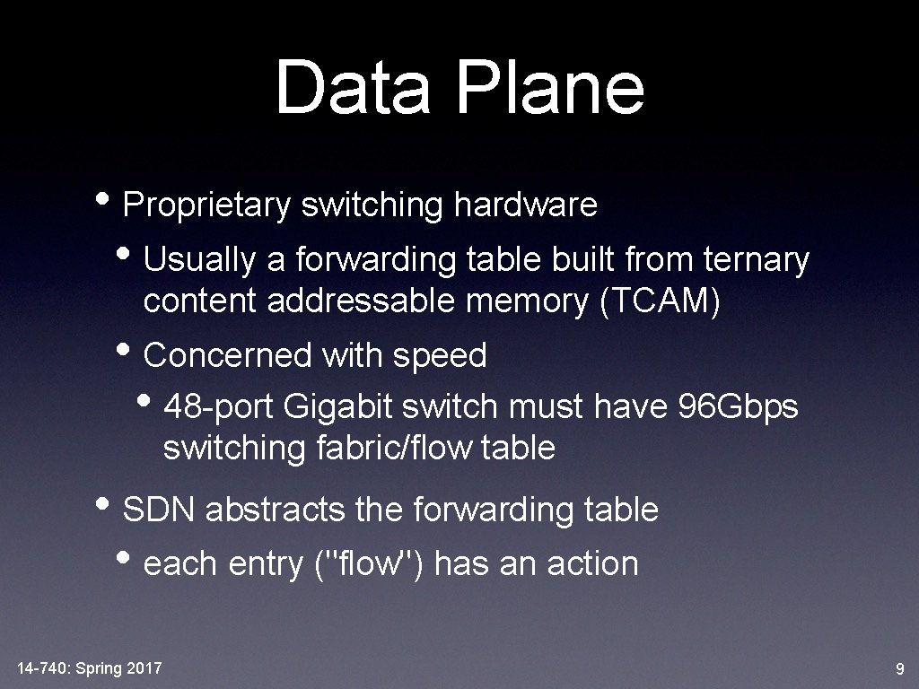 Data Plane • Proprietary switching hardware • Usually a forwarding table built from ternary