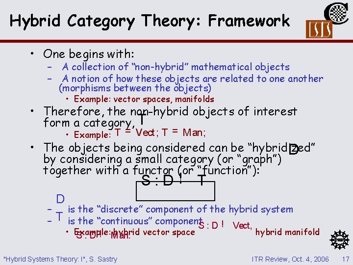 Hybrid Category Theory: Framework • One begins with: – A collection of “non-hybrid” mathematical