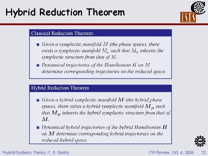 Hybrid Reduction Theorem "Hybrid Systems Theory: I", S. Sastry ITR Review, Oct. 4, 2006