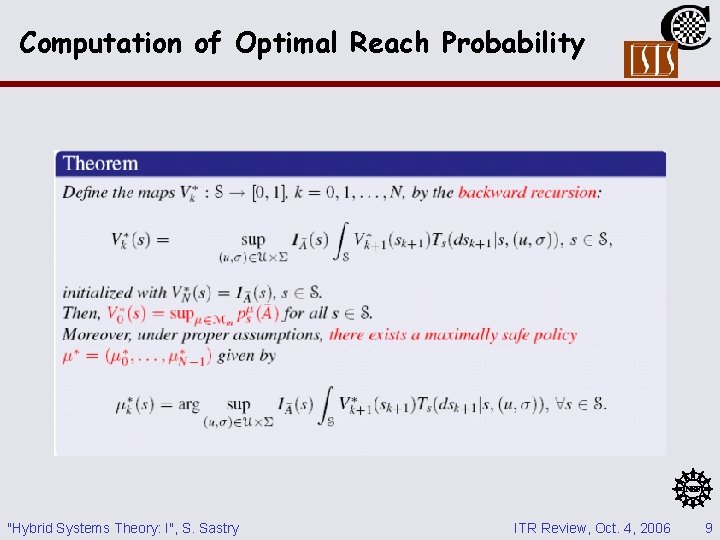 Computation of Optimal Reach Probability "Hybrid Systems Theory: I", S. Sastry ITR Review, Oct.