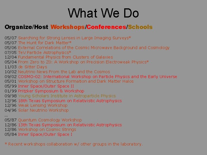 What We Do Organize/Host Workshops/Conferences/Schools 05/07 05/06 07/05 12/04 05/04 11/03 10/02 09/02 05/01
