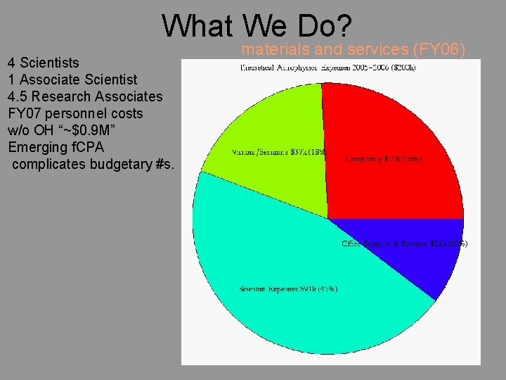 What We Do? 4 Scientists 1 Associate Scientist 4. 5 Research Associates FY 07