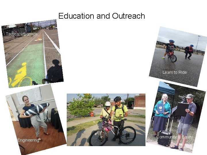 Education and Outreach Tactical urbanism Ambassador Training Learn to Ride Enforcement Engineering Community &