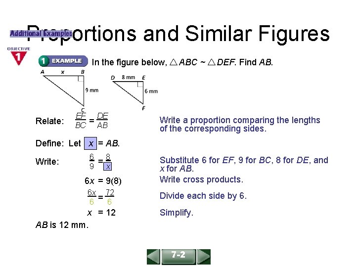 ALGEBRA 1 LESSON 4 -2 Proportions and Similar Figures In the figure below, Relate: