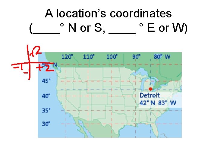 A location’s coordinates (____° N or S, ____ ° E or W) 