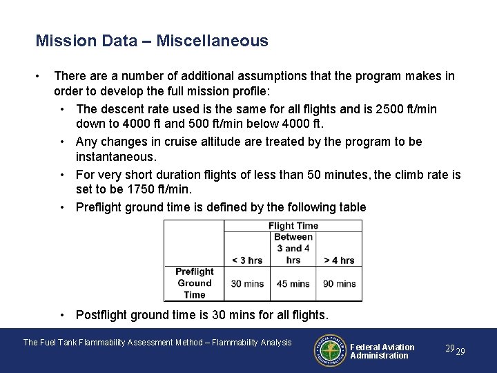 Mission Data – Miscellaneous • There a number of additional assumptions that the program