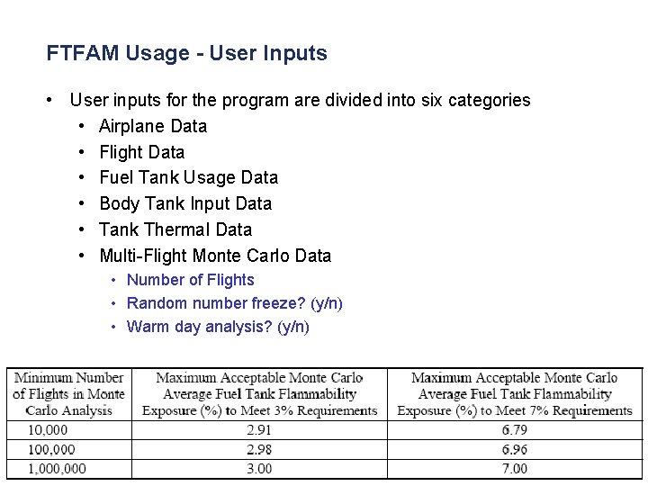 FTFAM Usage - User Inputs • User inputs for the program are divided into