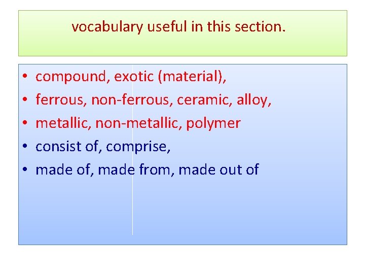 vocabulary useful in this section. • • • compound, exotic (material), ferrous, non-ferrous, ceramic,