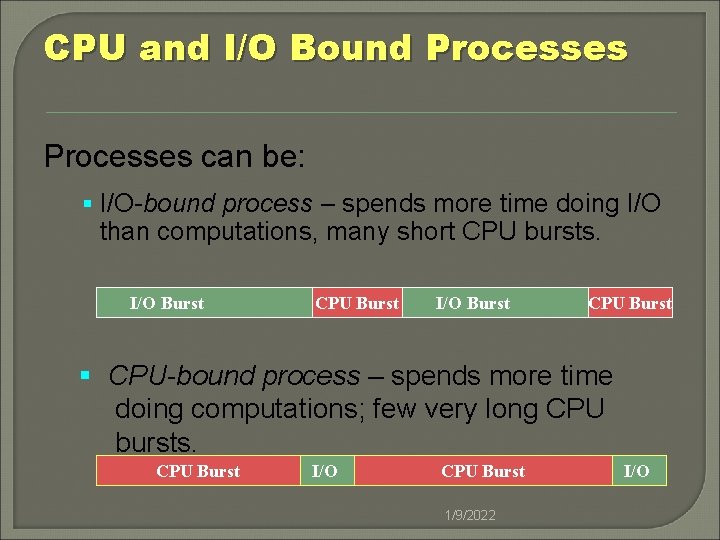 CPU and I/O Bound Processes can be: § I/O-bound process – spends more time