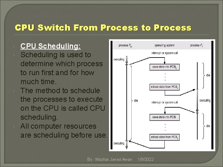 CPU Switch From Process to Process CPU Scheduling: Scheduling is used to determine which