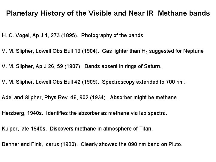 Planetary History of the Visible and Near IR Methane bands H. C. Vogel, Ap