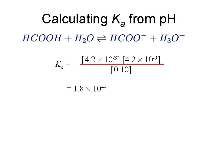 Calculating Ka from p. H Ka = [4. 2 10 -3] [0. 10] =