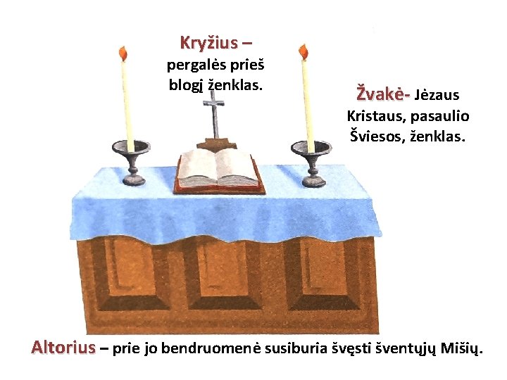 Kryžius – pergalės prieš blogį ženklas. Žvakė- Jėzaus Kristaus, pasaulio Šviesos, ženklas. Altorius –
