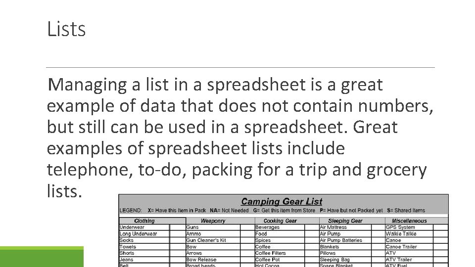 Lists Managing a list in a spreadsheet is a great example of data that