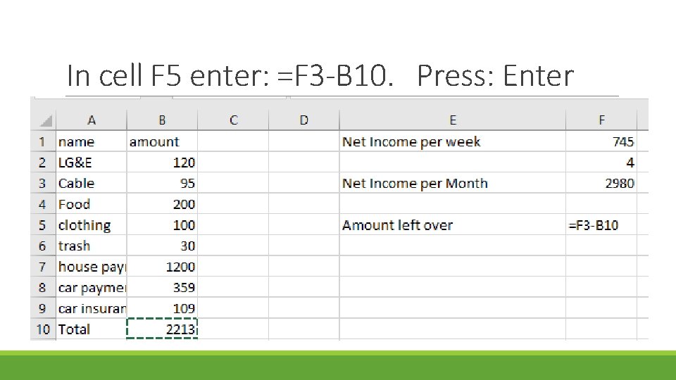 In cell F 5 enter: =F 3 -B 10. Press: Enter 