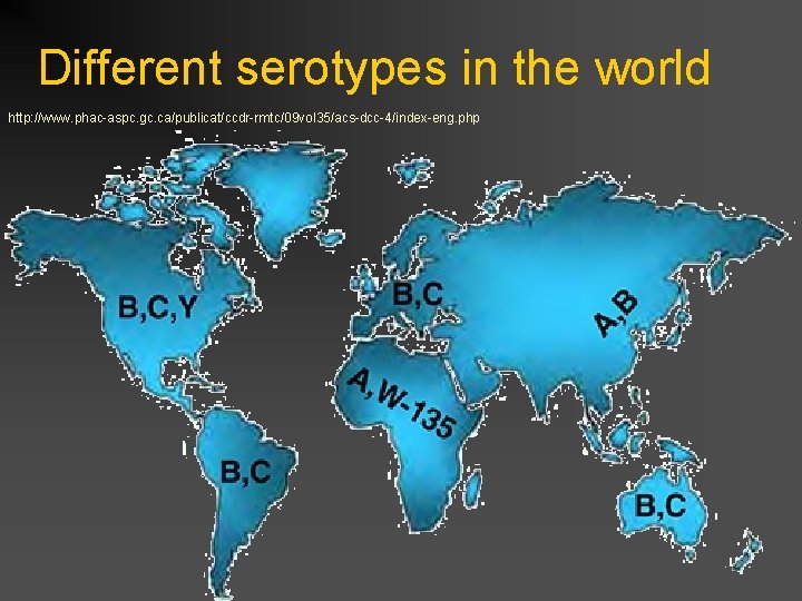 Different serotypes in the world http: //www. phac-aspc. gc. ca/publicat/ccdr-rmtc/09 vol 35/acs-dcc-4/index-eng. php 