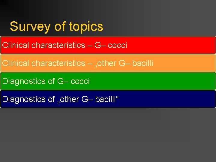 Survey of topics Clinical characteristics – G– cocci Clinical characteristics – „other G– bacilli