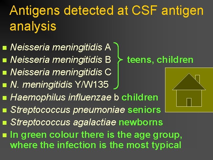 Antigens detected at CSF antigen analysis n n n n Neisseria meningitidis A Neisseria