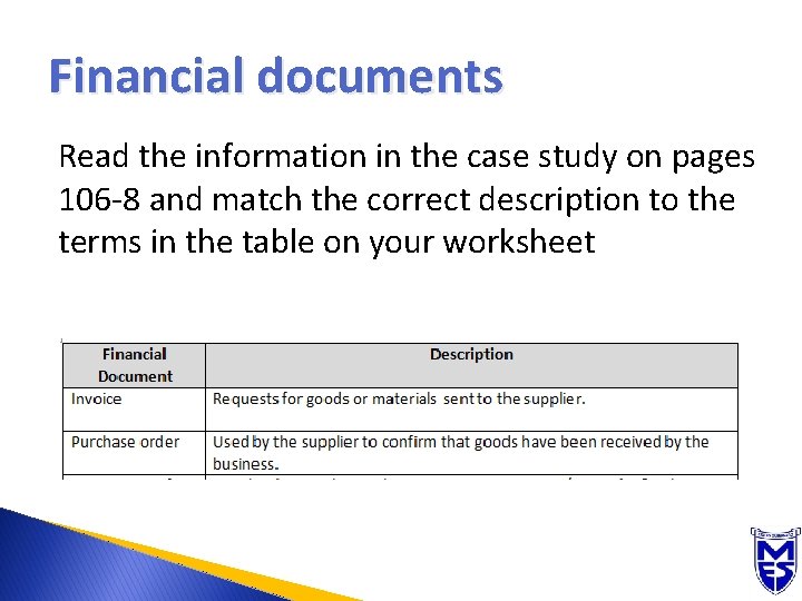 Financial documents Read the information in the case study on pages 106 -8 and