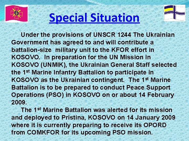 Special Situation Under the provisions of UNSCR 1244 The Ukrainian Government has agreed to