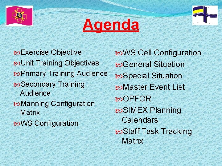 Agenda Exercise Objective Unit Training Objectives Primary Training Audience Secondary Training Audience Manning Configuration