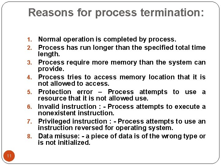 Reasons for process termination: 1. 2. 3. 4. 5. 6. 7. 8. 11 Normal Reasons for process termination: 1. 2. 3. 4. 5. 6. 7. 8. 11 Normal