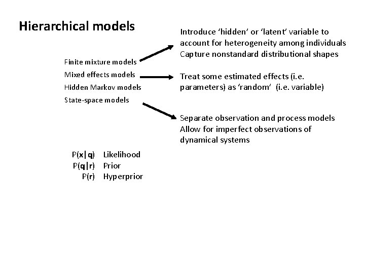 Hierarchical models Finite mixture models Mixed effects models Hidden Markov models Introduce ‘hidden’ or