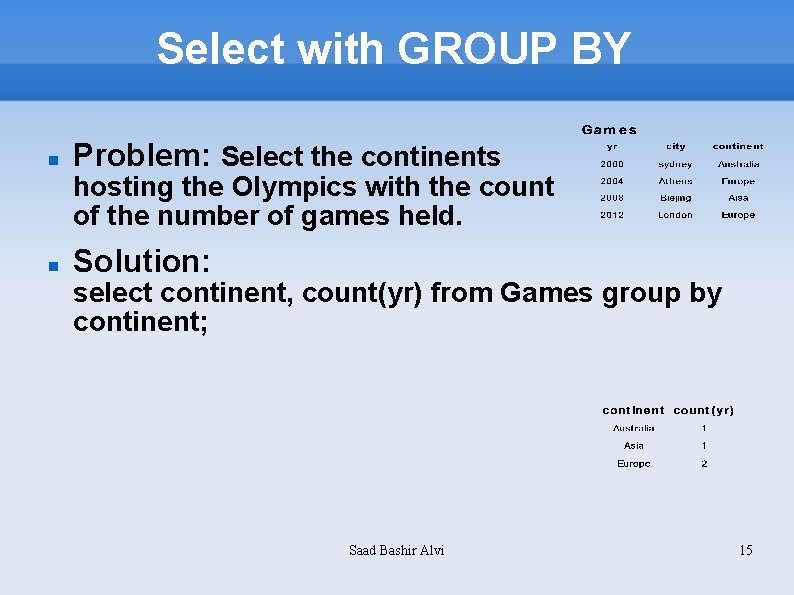 Select with GROUP BY Problem: Select the continents hosting the Olympics with the count