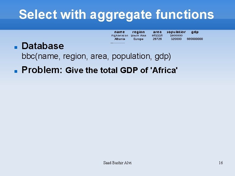 Select with aggregate functions Database bbc(name, region, area, population, gdp) Problem: Give the total