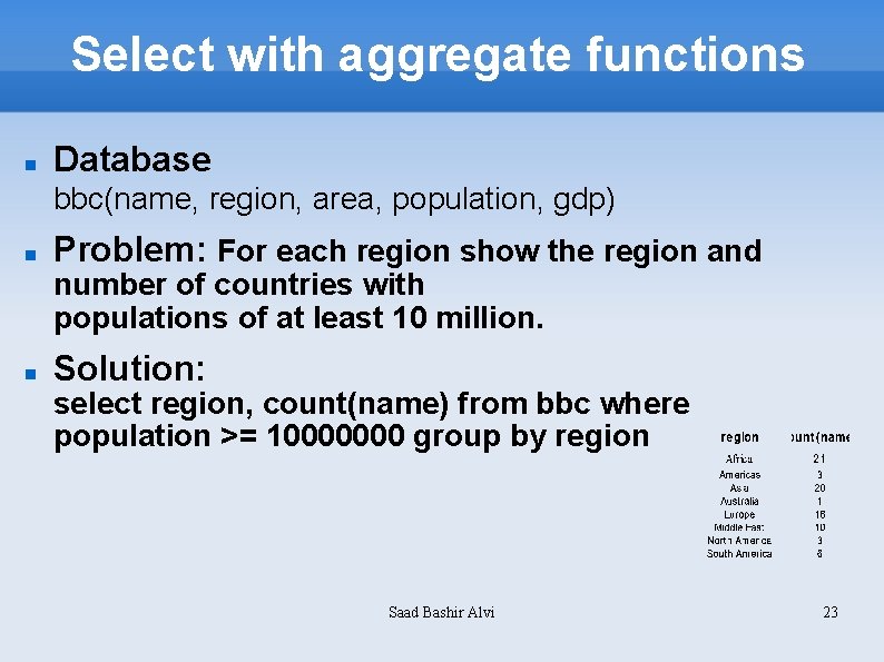 Select with aggregate functions Database bbc(name, region, area, population, gdp) Problem: For each region