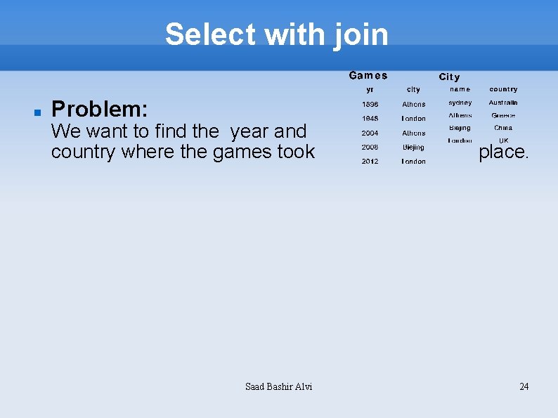 Select with join Problem: We want to find the year and country where the