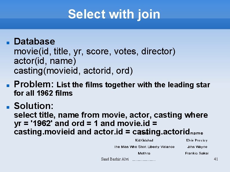 Select with join Database movie(id, title, yr, score, votes, director) actor(id, name) casting(movieid, actorid,