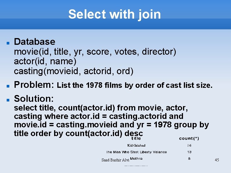 Select with join Database movie(id, title, yr, score, votes, director) actor(id, name) casting(movieid, actorid,