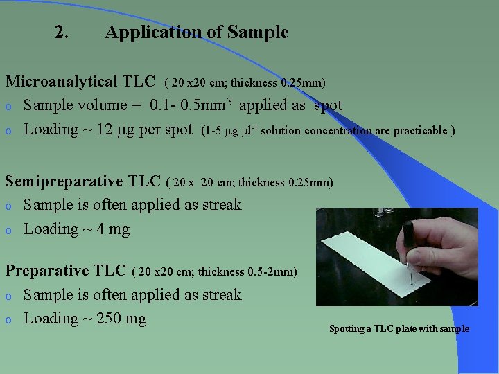 2. Application of Sample Microanalytical TLC ( 20 x 20 cm; thickness 0. 25